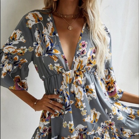 Boho Plus Size Floral Print Ruffle Hem Mini Dress - Picture 10 of 13